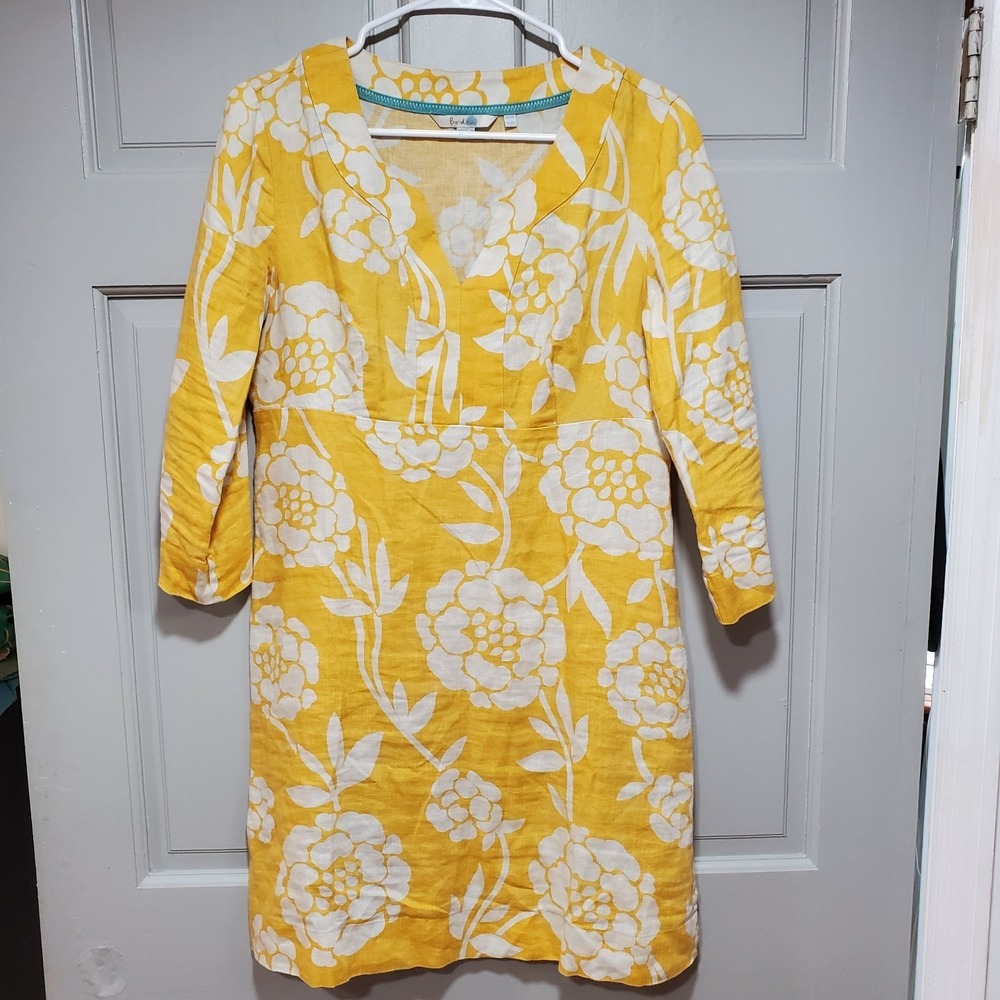 Boden Women Linen Yellow Floral Kaftan Dress Mini 3/4 Sleeve Size US‎ 6R Casual